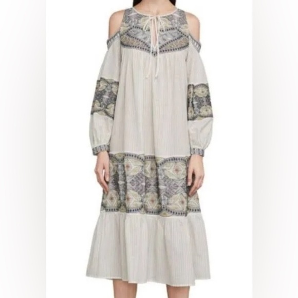 BCBG MAXAZRIA OFF-WHITE MULTICOLOR EMBROIDERED BOHO COLD SHOULDER DRESS SMALL - Picture 1 of 12